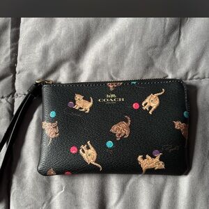 Coach Black Leather Wristlet with Tan Cat Print and Colorful Dots